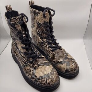 Amara Womens Snakeskin Print Combat Boots Lace Up Side Zip Lug Sole 8.5M‎ 330077